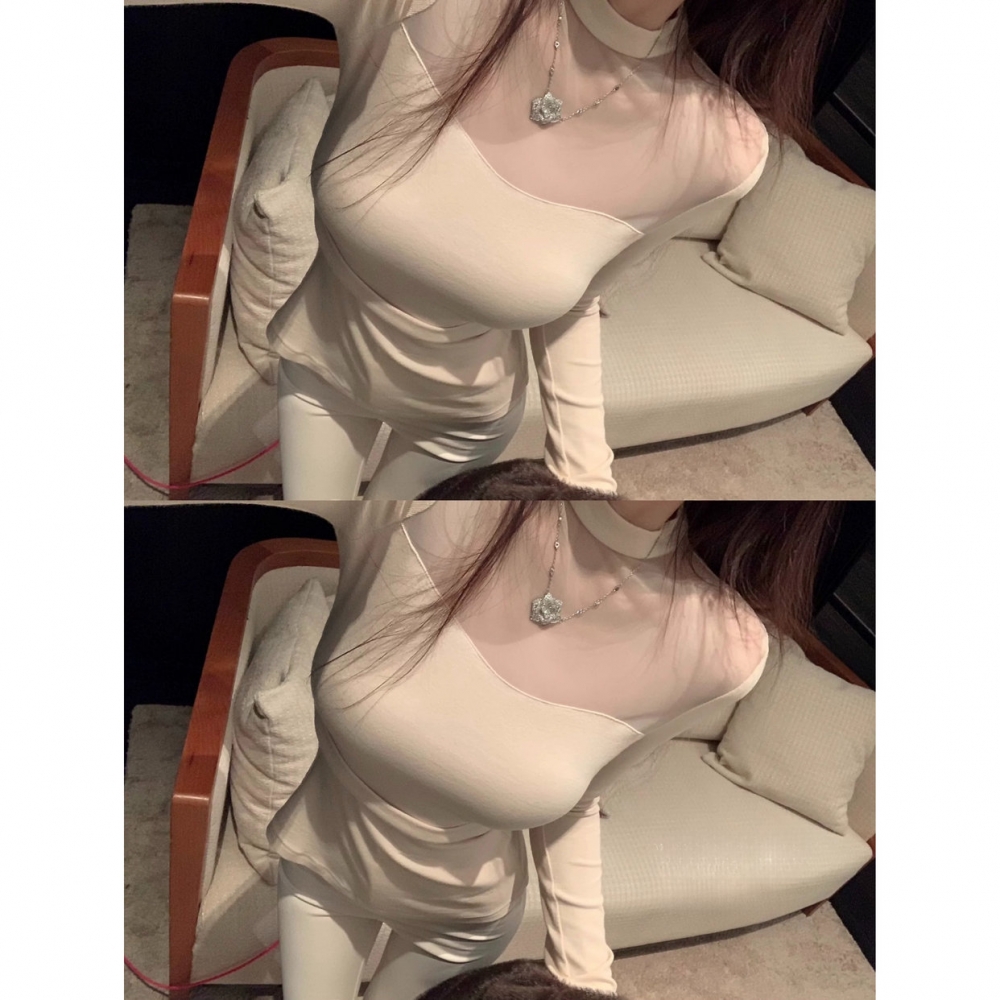 秋冬辣妹微透网纱拼接T恤