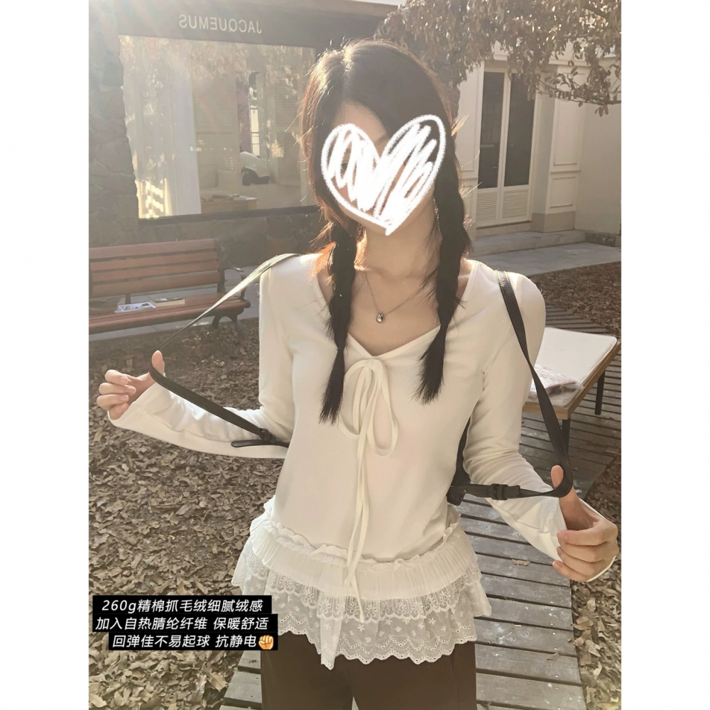 韩系纯欲蕾丝拼接系带长袖T恤