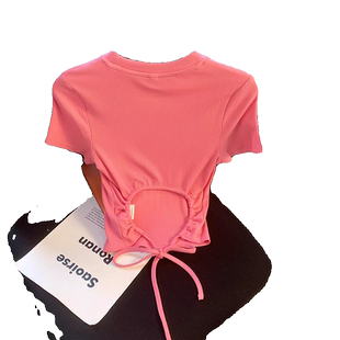 设计感小众针织短袖T恤女2025夏季新款背后镂空绑带收腰圆领上衣