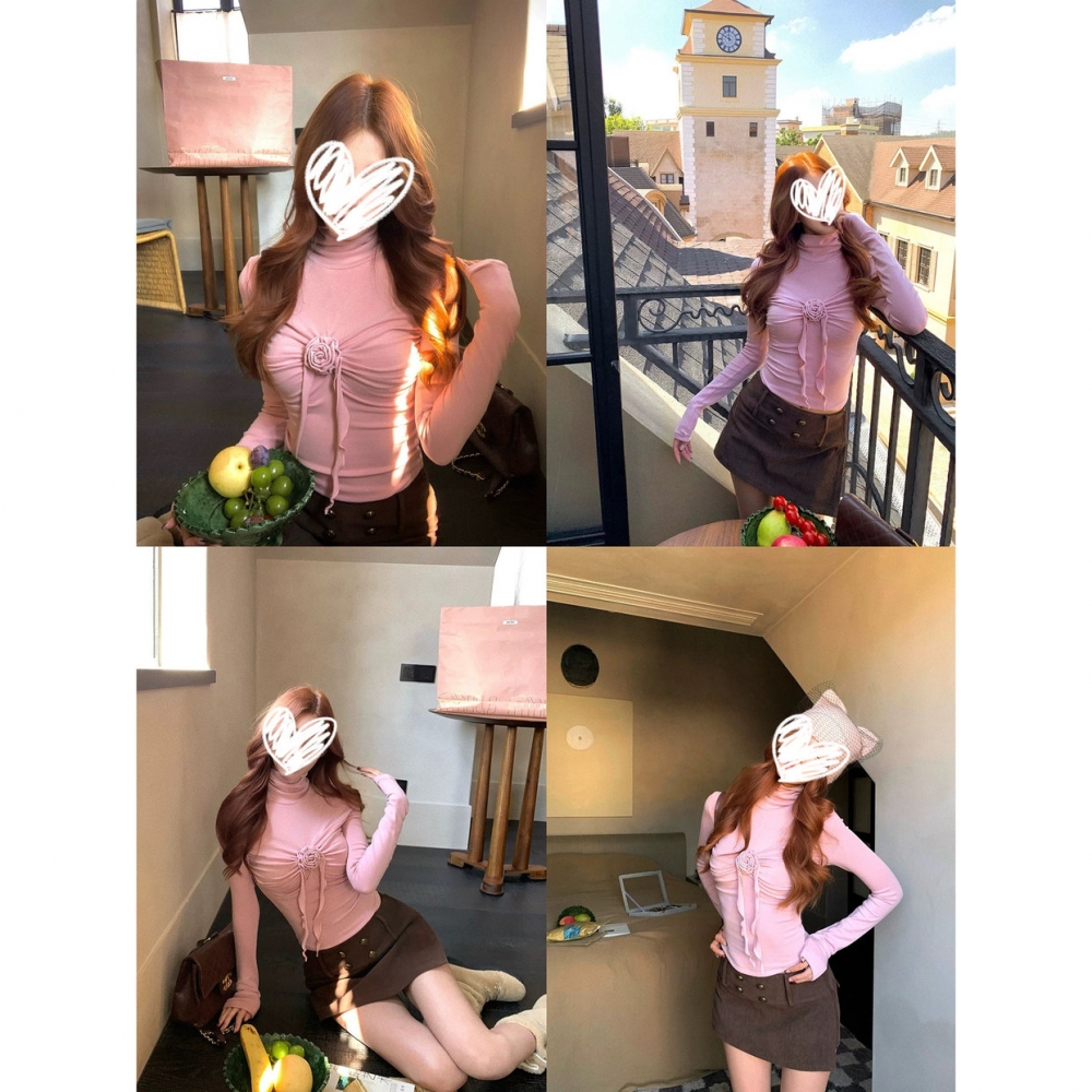 纯欲粉色立体花朵长袖T恤女秋冬保暖高领内搭打底衫修身显瘦上衣
