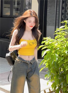 甜辣妹美式吊带背心女夏季纯欲黄色无袖性感欧美显瘦内搭上衣外穿