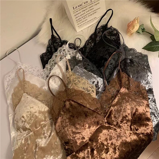 打底上衣 纯欲性感无袖 丝绒蕾丝拼接小吊带背心女内搭冬季 2023新款