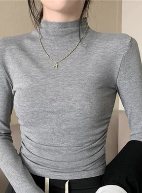 休闲内搭灰色长袖T恤女秋季2023新款修身褶皱辣妹半高领打底上衣