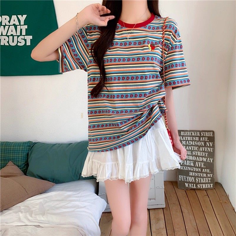 彩色条纹刺绣短袖t恤衫女夏季2025新款设计感正肩半袖多巴胺上衣