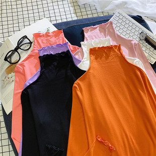 t恤女秋冬半高领木耳边薄款 打底衫 长袖 韩版 内搭上衣 2023年新款