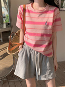 日系复古条纹撞色减龄t恤女夏季 上衣潮 宽松显瘦学生chic正肩短袖