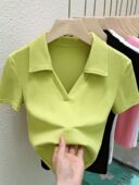 修身 黑色v领短袖 新款 2023春夏季 显瘦翻领紧身上衣潮 t恤女polo衫