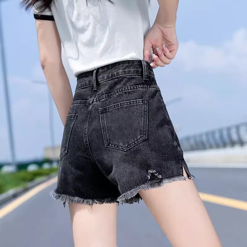 高腰烟灰色牛仔短裤女2026年夏季新款显瘦毛边破洞A字热裤小个子