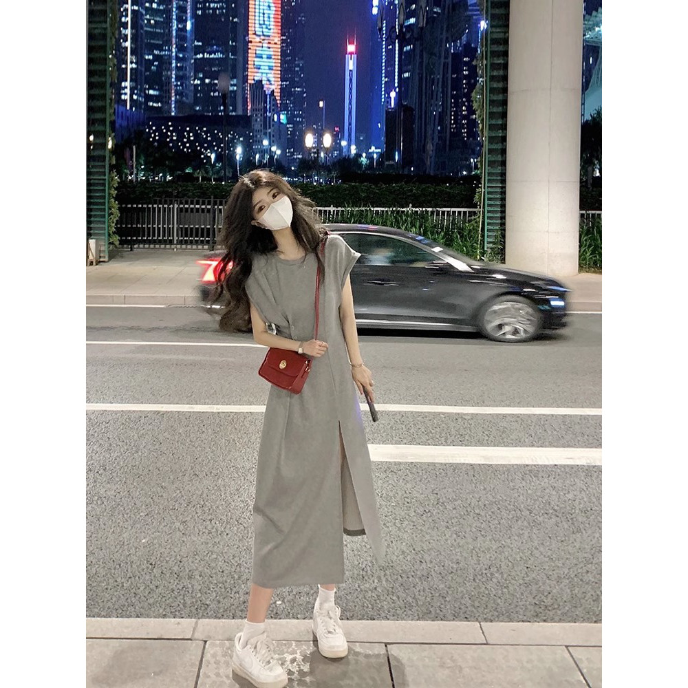 新款显瘦小众设计感灰色休闲t恤连衣裙子夏季女装开叉长裙