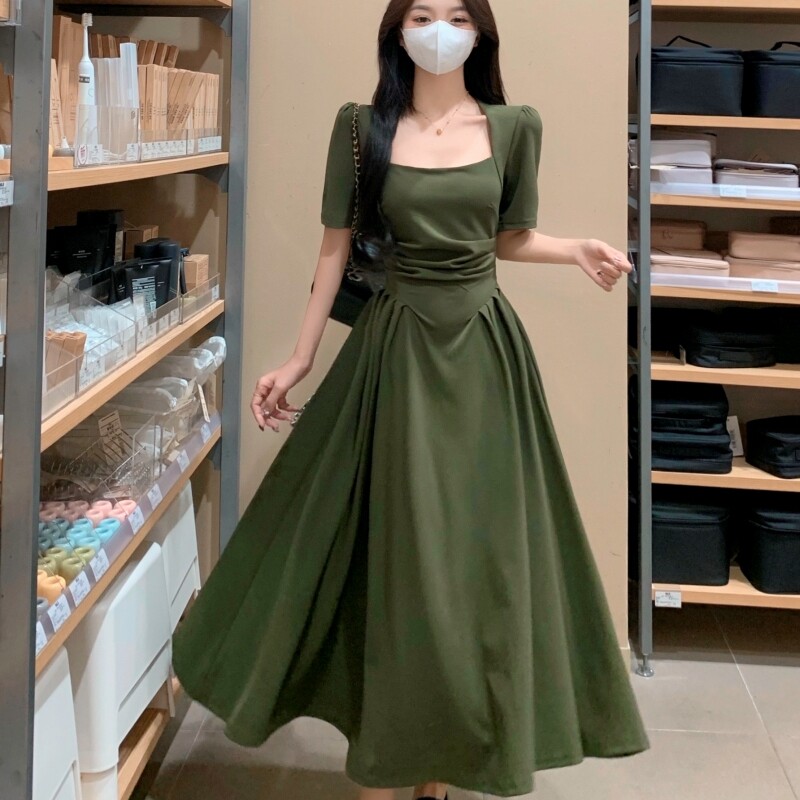 法式大码连衣裙胖MM夏装新款气质高级感收腰显瘦方领茶歇裙子