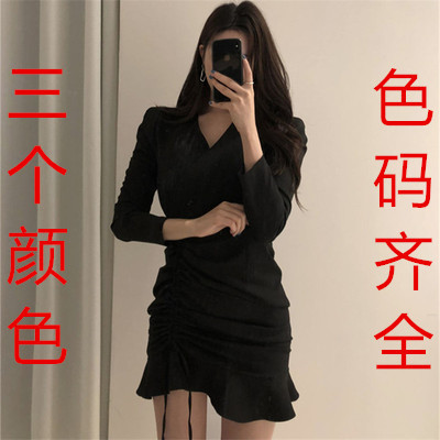 抽绳褶皱荷叶边V领连衣裙女新款辣妹纯欲风性感显瘦包臂裙子