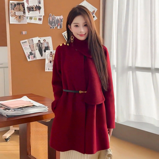 新年战袍红色毛呢外套女冬季2026新款中长款系带腰带保暖大衣新年