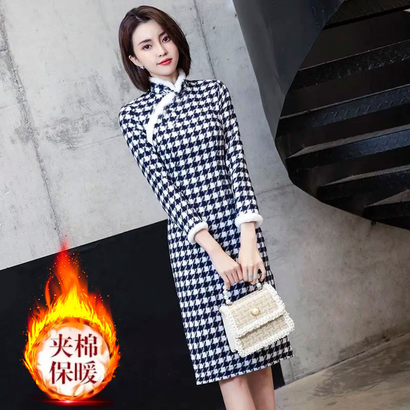 长袖旗袍秋冬年轻款少女加厚加绒保暖格子名媛气质连衣裙