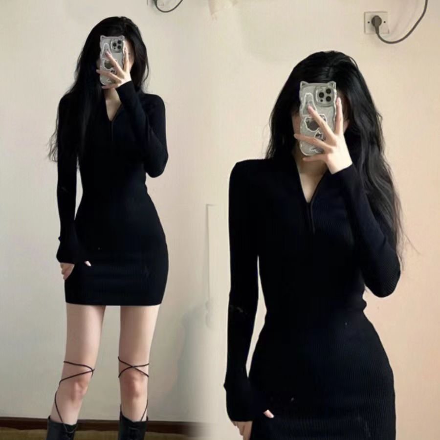 德绒连衣裙女秋冬弹力拉链紧身打底短裙长袖纯欲辣妹内搭包臀裙子