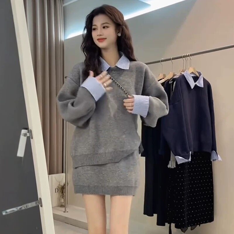 秋季新年战袍蓝色针织毛衣连衣裙子女装秋冬新款2025超火两件套装