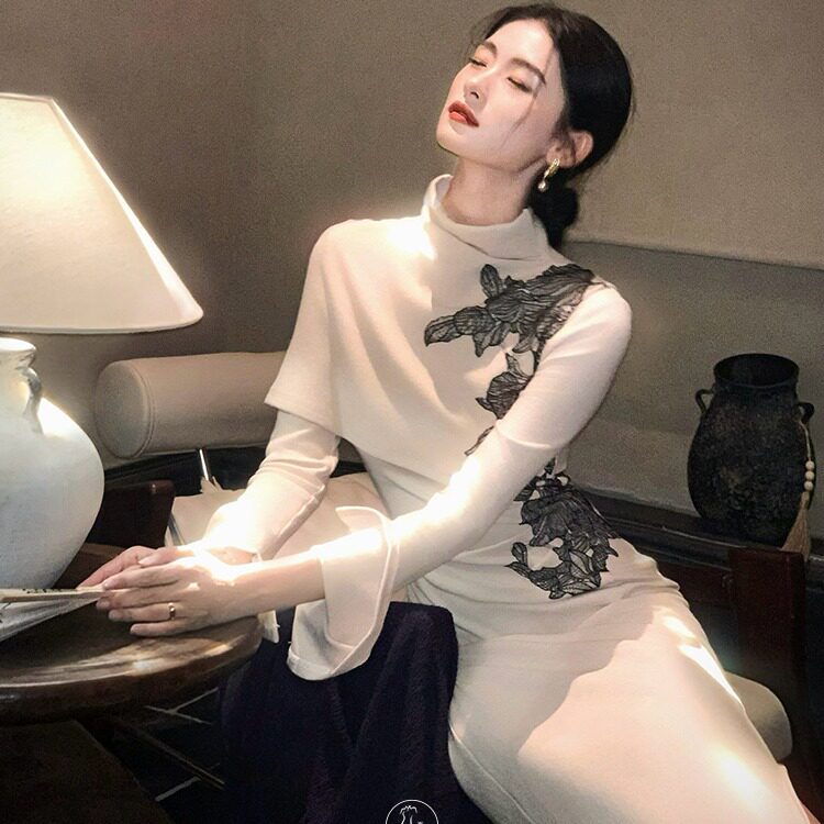 2025新款秋枫叙新中式针织连衣裙女早秋法式斗篷披肩长袖旗袍长裙