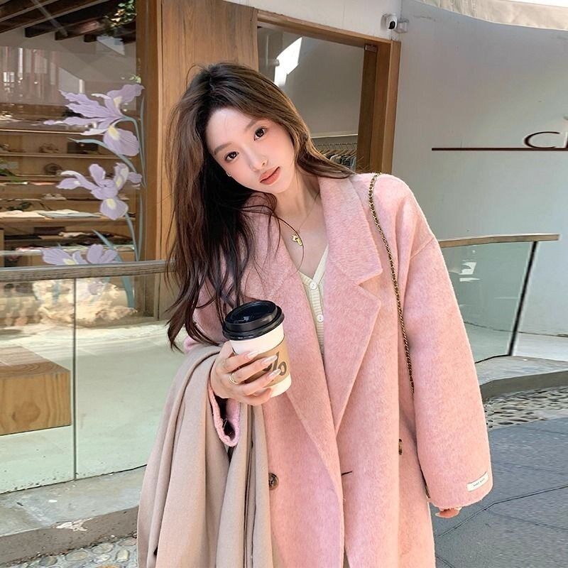粉色毛呢大衣女外套2026新款韩版秋冬装毛呢大衣毛呢女中长款