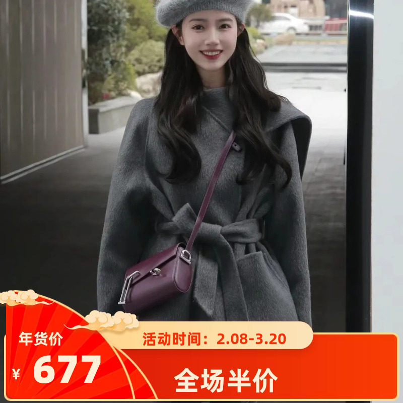 秋冬今年流行赫本风高级感小个子设计感呢子大衣灰色毛呢外套女装