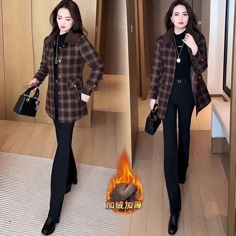 中年妈妈格纹毛呢外套女中长款2026冬季新款洋气加绒加厚呢子大衣