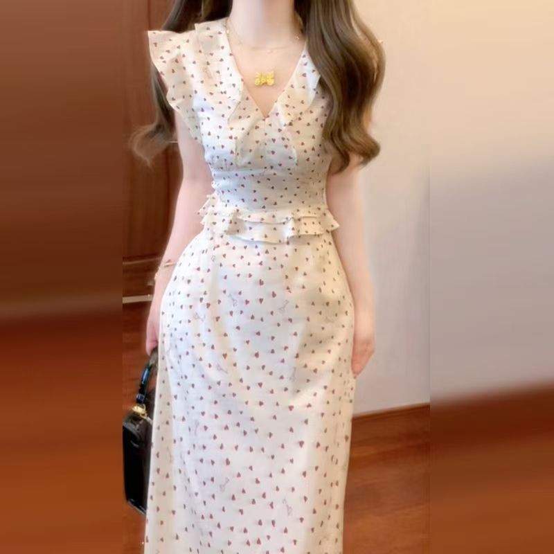 新中式国风小飞袖v领超仙连衣裙女夏季收腰过膝波点鱼尾长裙
