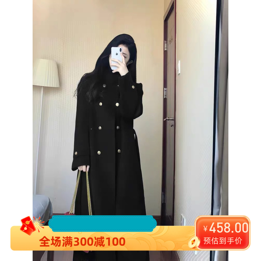 赫本风黑色毛呢外套女冬季爆款轻奢英伦风复古高级感长款呢子大衣