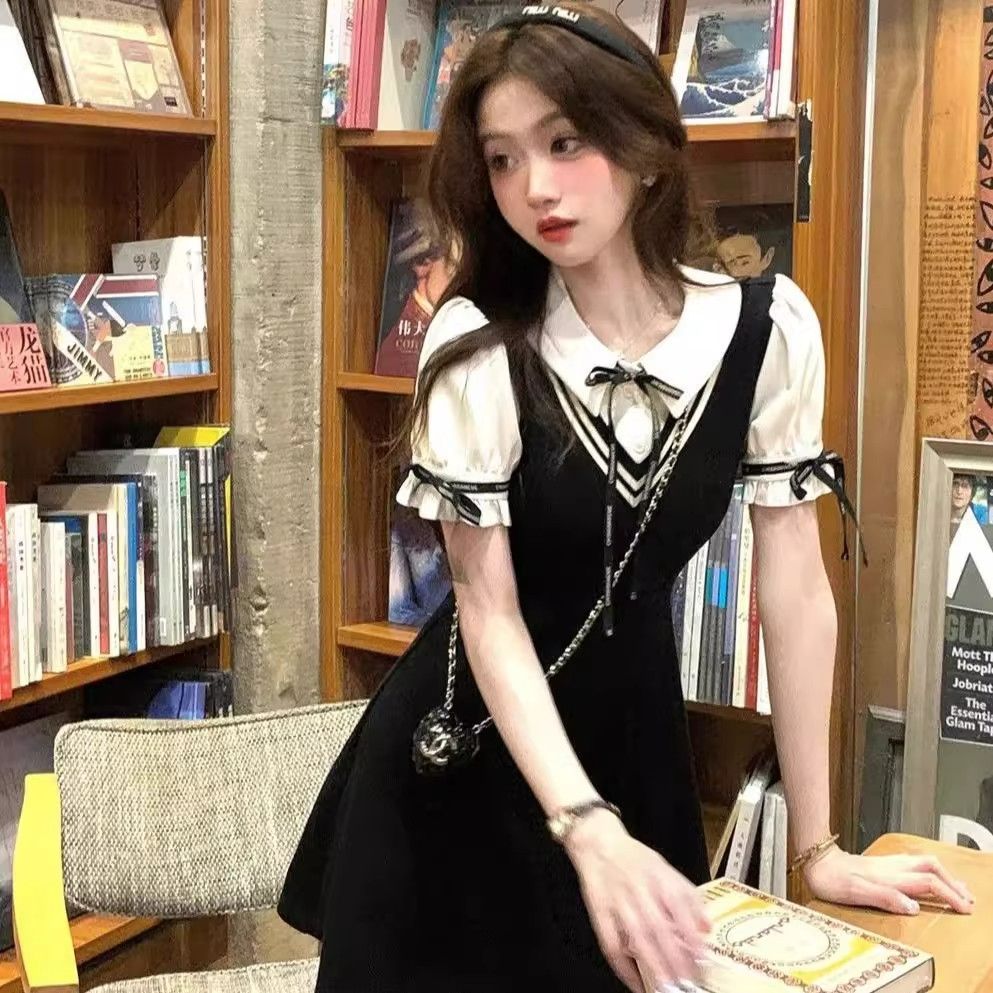 学院风甜美jk制服包臀裙女夏新款收腰绝美娃娃领假两件连衣裙
