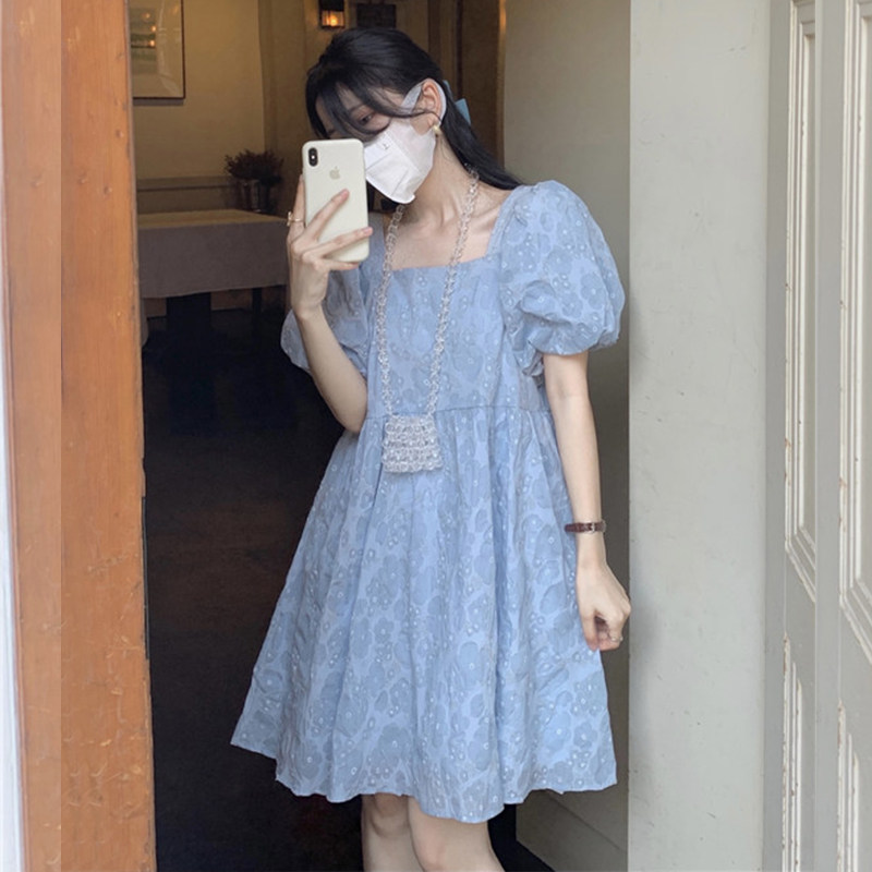 初恋娃娃裙春夏新款仙女方领提花泡泡袖蓬蓬公主小个子连衣裙