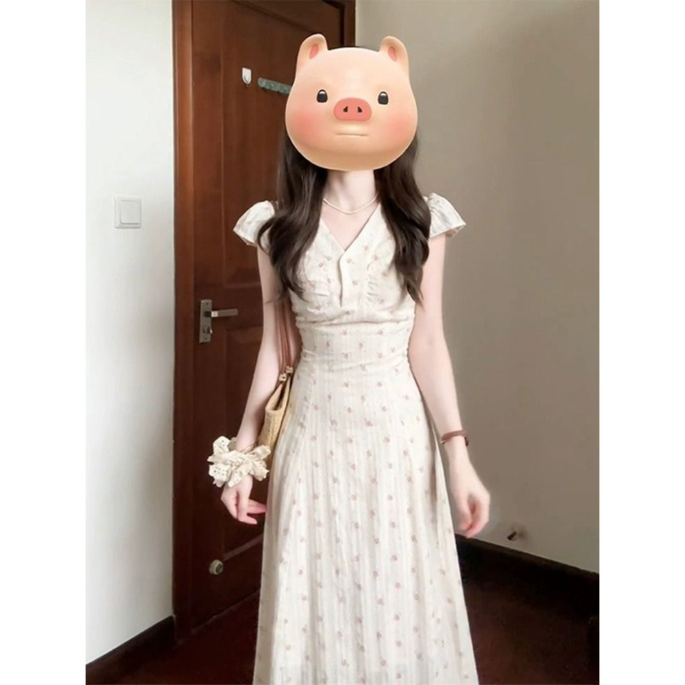 原版做法+原版面料法式初恋碎花连衣裙子女夏小飞袖修身长裙