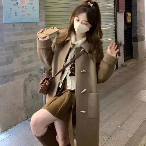 牛角扣日系毛呢外套女2026年秋冬季新款呢子大衣小个子加厚中长款