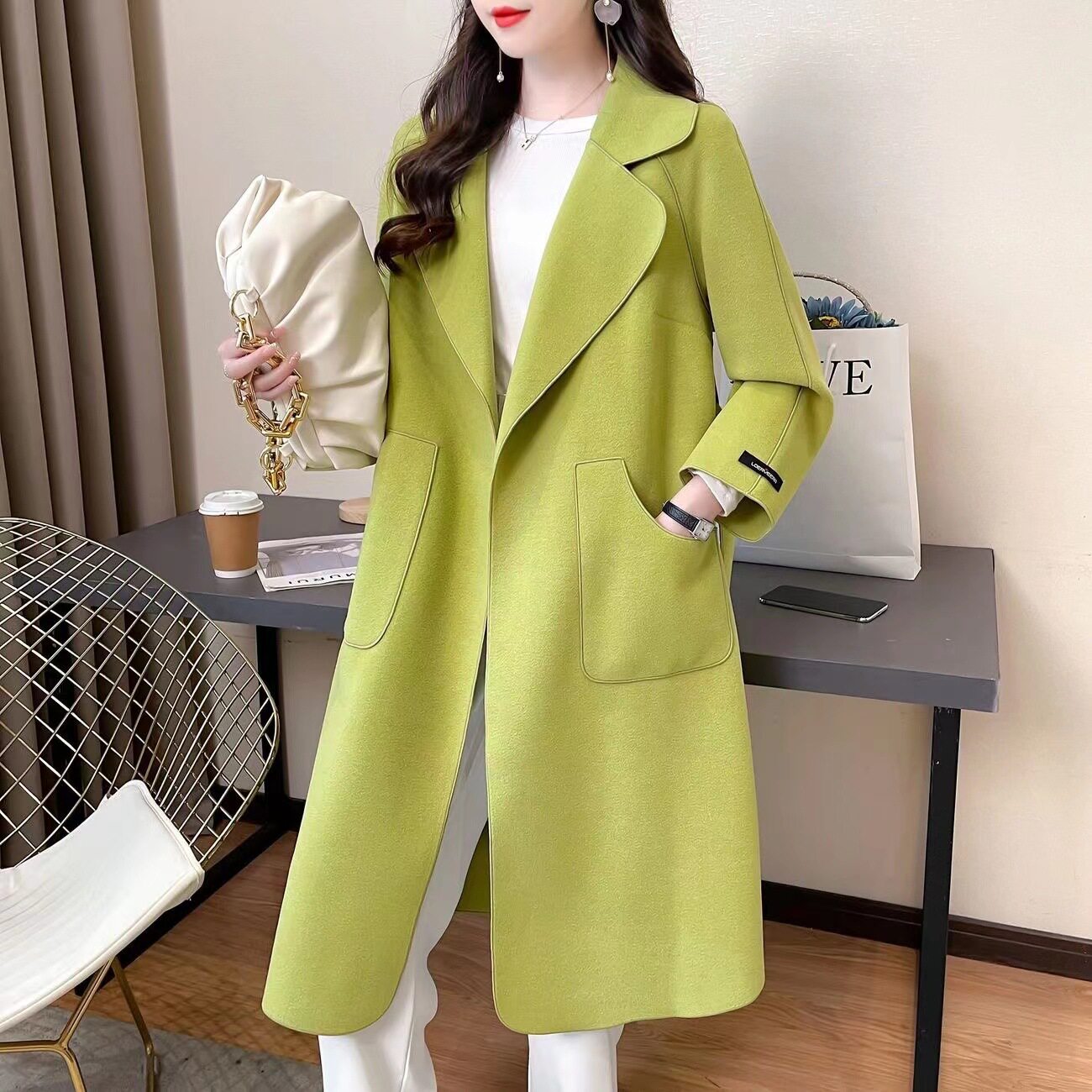 秋冬季新款双面绒毛呢大衣女系带中长款韩版宽松时尚显瘦外套