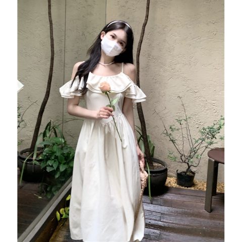 加内衬加拉链!一字肩吊带连衣裙女夏装新款收腰显瘦裙子