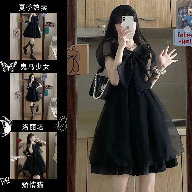 白色网纱短袖连衣裙女夏季新款法式高级感收腰显瘦短裙蓬蓬裙
