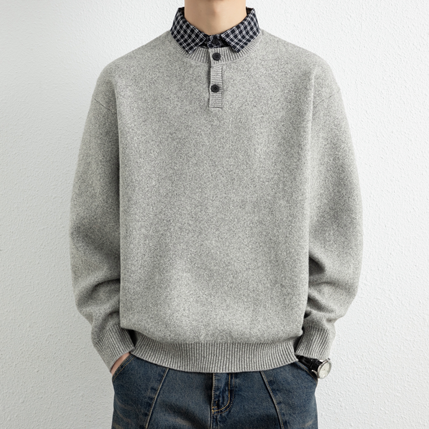 侨迪蒙拉轻奢格子衬衫领针织衫男士秋冬季假两件纽扣潮牌毛衣内搭