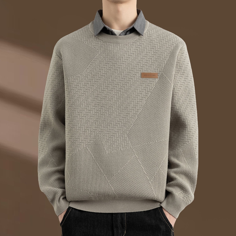 侨迪蒙拉男士衬衫领内搭针织打底衫秋冬季保暖线衣假两件加厚毛衣