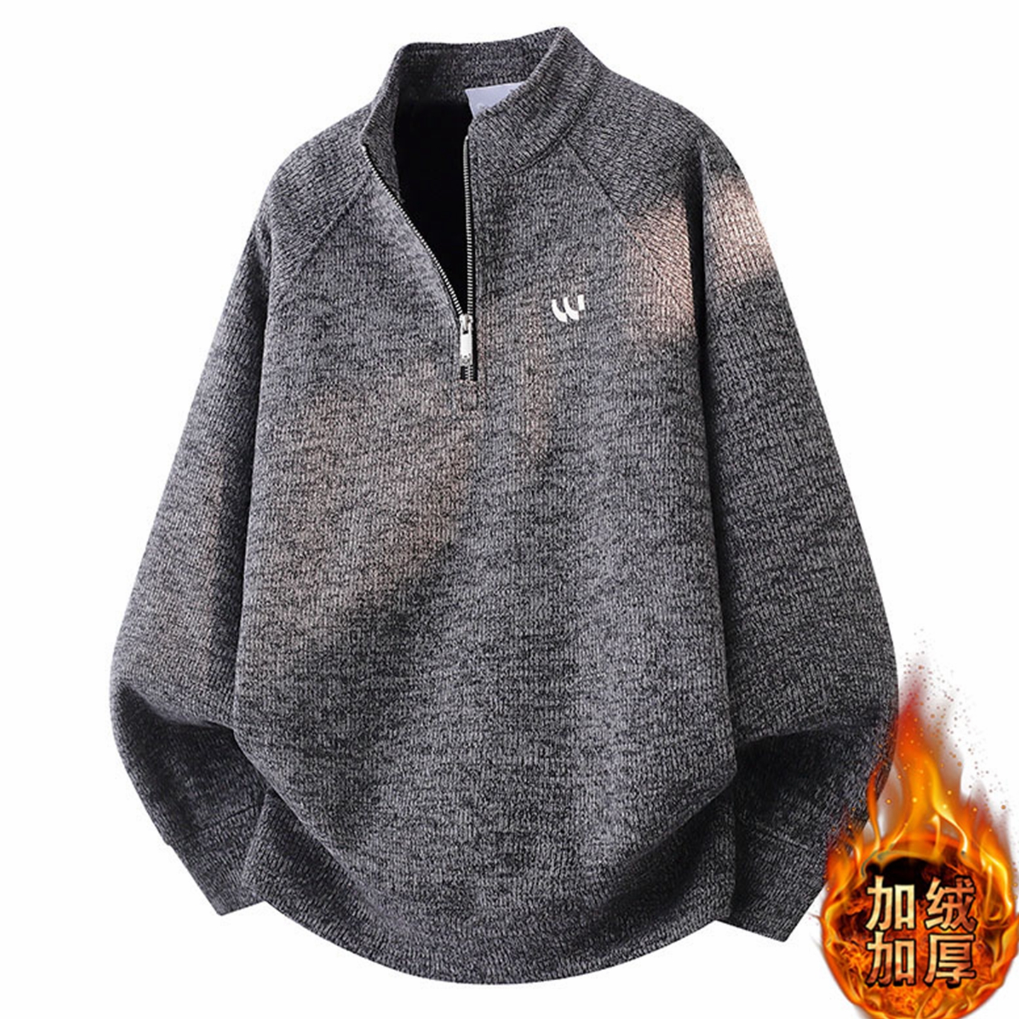侨迪蒙拉刺绣半拉链一体绒针织衫男保暖冬季内搭加绒加厚高领毛衣