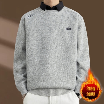 侨迪蒙拉高级感加绒加厚假两件针织衫男秋冬季衬衫领内搭保暖毛衣