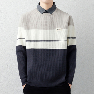 侨迪蒙拉潮牌高端秋冬季男士加厚假两件针织衫条纹保暖衬衫领毛衣