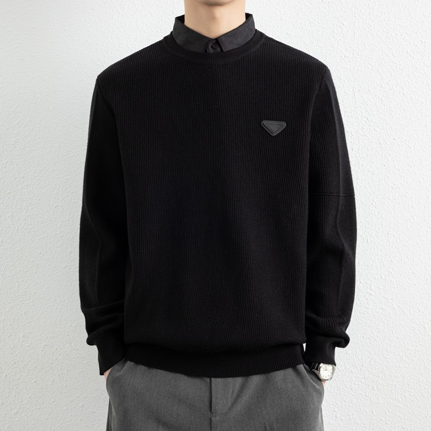 侨迪蒙拉高端男士假两件针织衫内搭秋冬季衬衫领保暖潮毛衣打底