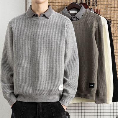 侨迪蒙拉高端假两件针织衫内搭男士秋冬季潮流衬衫领毛衣加厚保暖