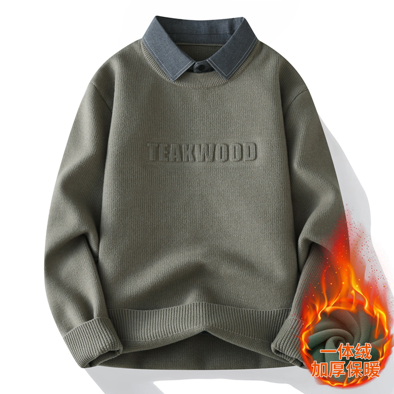 侨迪蒙拉高端一体绒加厚衬衫领毛衣男秋冬季内搭加绒假两件针织衫
