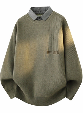 侨迪蒙拉高品质秋冬季男衬衫领针织衫加绒加厚保暖假两件潮牌毛衣