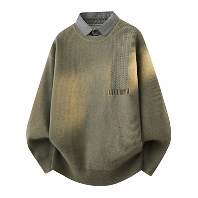 侨迪蒙拉高品质秋冬季男衬衫领针织衫加绒加厚保暖假两件潮牌毛衣