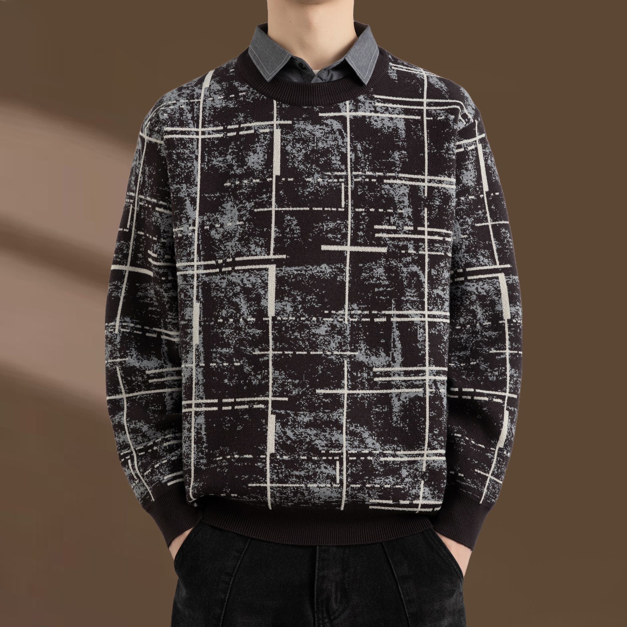 侨迪蒙拉高级感秋冬季新款男格子加厚假两件衬衫领针织衫保暖毛衣