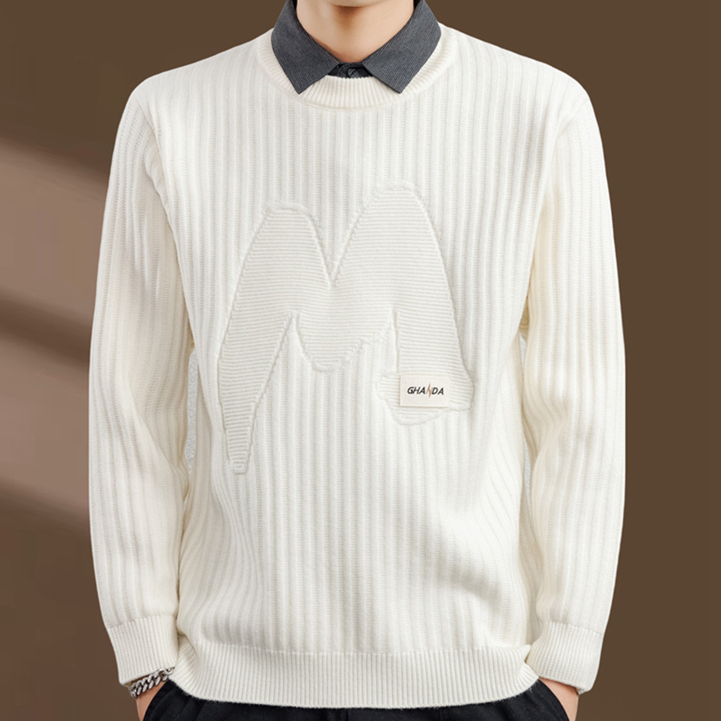 侨迪蒙拉时尚字母提花衬衫领针织衫男假两件线衣高品质潮牌毛衣