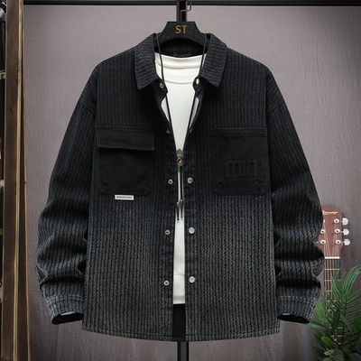 侨迪蒙拉潮牌秋季渐变水洗翻领牛仔外套男春秋款青少年衬衫夹克