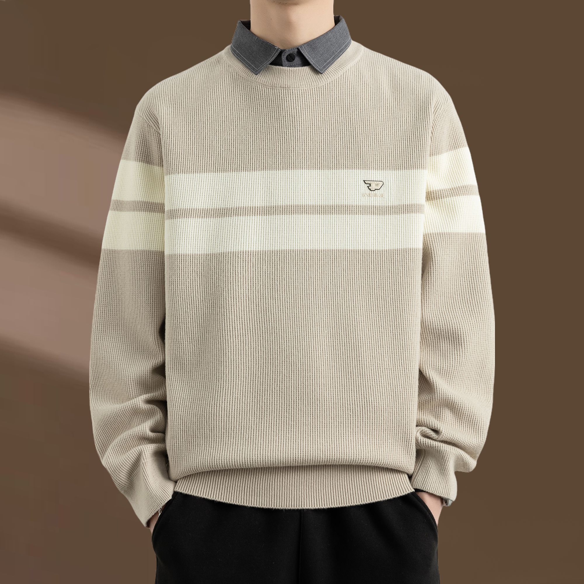 侨迪蒙拉秋冬季高端潮牌男条纹衬衫领针织衫内搭保暖假两件毛衣