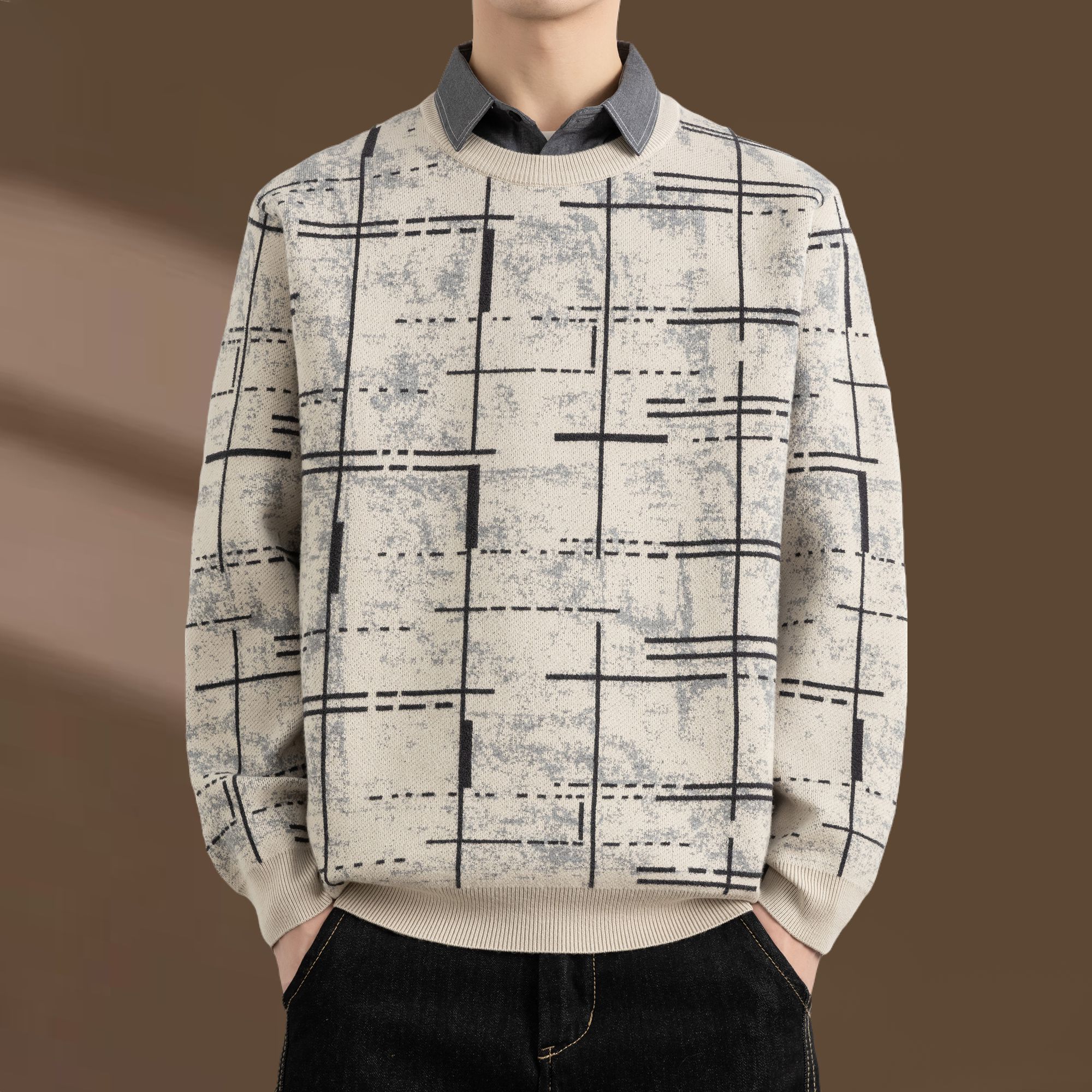 侨迪蒙拉潮牌秋冬季男假两件格子加厚衬衫领针织衫保暖内搭毛衣