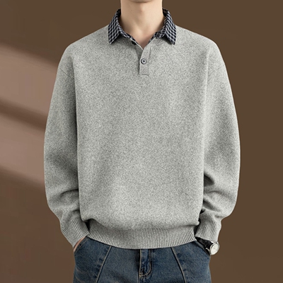 侨迪蒙拉高级感格子衬衫领针织衫男假两件内搭秋冬季保暖潮牌毛衣