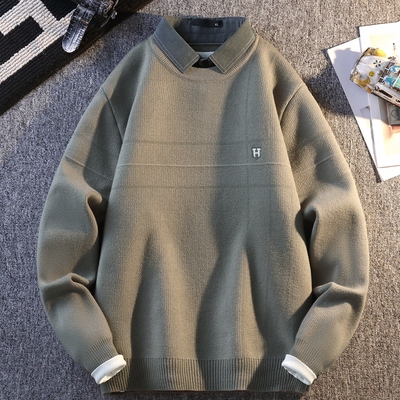 侨迪蒙拉刺绣衬衫领男士针织衫高级感假两件内搭秋冬季毛衣打底衫