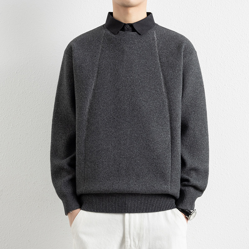 侨迪蒙拉高级感假两件秋冬季内搭针织衫男衬衫领线衣加厚保暖毛衣